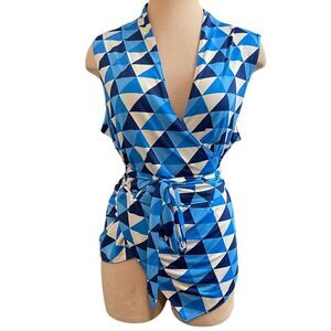 Nikki Poulos Blue White Retro Boho Tank Shirt Blouse Size 1X